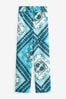 Blue/White Scarf Print Texture Wide Leg Trousers, Regular