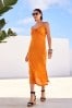 Orange Rochelle 100% Linen Ruffle Midi Summer Dress
