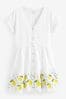 White Embroidered Linen Blend Tiered Mini Dress, Regular