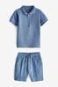 Blue Short Sleeve Jersey Zip Neck belts Polo Shirt And Shorts Set (3mths-7yrs)