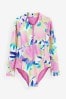 White/Pink Palm Panelled Long Sleeved Swimsuit (3-16yrs)