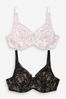 Black/White DD+ Non Pad Full Cup Lace Detail Bras 2 Pack, DD+ Non Pad Full Cup