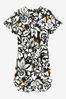 Black/Ecru Cream Large Scale Floral V-Neck Hardware Detail Belted Mini Dress, Regular