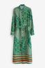 Green Scarf Print Midi Length Long Sleeve Belted Shirt Dress, Regular