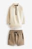 Stone Natural/Brown Funnel Neck Sweatshirt And Shorts Set (3mths-7yrs)
