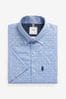 Blue Shark Print Regular Fit Short Sleeve Easy Iron Button Down Oxford Shirt, Regular Fit Short Sleeve