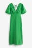 Bright Green Textured Puff Sleeve Midi Dress, Regular