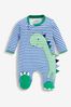 JoJo Maman Bébé Blue/Green Dino Appliqué Zip Cotton Baby Sleepsuit