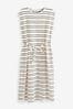 Ecru Cream/Black Stripe Short Sleeve 100% Cotton Belted T-Shirt Midi Summer Dress