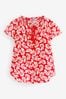 Red/White Shell Print Capped Sleeve V-Neck Top With Linen, Regular