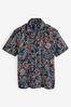 Navy Blue/Burgundy Hawaiian Printed Cuban Collar Short Sleeve Shirt