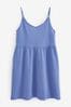 Blue Cotton Seersucker Short V-Neck Cami Summer Dress