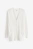 White Rib Sleeve Button-Up Linen Cardigan