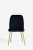 Set of 2 Soft Velvet Navy Blue Brushed Gold Leg Stella Non Arm Dining Chairs, Non Arm
