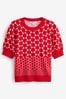 Red Geometric Gem Embroidery Detail Short Sleeve Knit Top, Regular