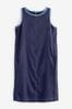 Navy Blue Contrast Sleeveless Linen Blend Mini Shift Dress, Regular