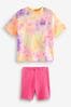 Fluro Pink Tie Dye T-Shirt And Cycling Shorts Set (3-16yrs)