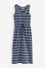 Navy Blue/White Stripe Sleeveless Midi V-Neck Slub Dress, Regular
