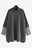 Charcoal Grey Knitted Poncho with Stripe Sleeve