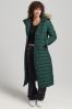 Superdry Green Faux Fur Hooded Longline Light Padded Puffer Coat