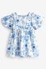 Blue Floral Printed Puff Sleeves Dress (3mths-8yrs)