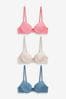 Coral Pink/Blue/Cream Pad Plunge Microfibre Smoothing T-Shirt Bras 3 Pack