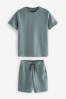 Mineral Green Waffle Texture T-Shirt And Shorts Set (3-16yrs)