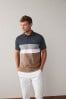 Hellbraun/Marineblau - Kurzärmeliges Polo-Shirt mit Knöpfen und Blockfarben
