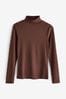 Chocolate Brown Long Sleeve Ribbed Roll Neck Top, Regular