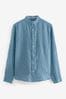 Blue 100% Linen Roll Sleeve Printed Shirt