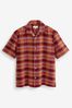 Red Textured Check Cuban Collar Short Sleeve Shirt