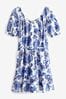 Blue/White Floral Puff Sleeve Linen Mix Mini Dress, Regular
