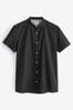 Charcoal Grey Stretch Oxford Short Sleeve Shirt With Grandad Collar