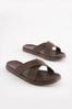 Brown Leather Cross Strap Slip-On Sandals