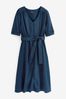 Navy Blue Linen Button Through Summer Midi Dress, Regular