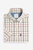 Cream/Neutral Check Regular Fit Short Sleeve Easy Iron Button Down Oxford Shirt, Regular Fit Short Sleeve