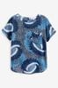 Blue Large Floral Short Sleeve Curved Hem T-Shirt, Regular