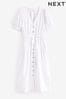 White Linen Blend Button Down Midi Dress, Regular