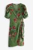 Green Ditsy Floral Short Sleeve V-Neck Wrap Mini Dress, Regular