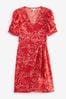 Red Sprig Floral Short Sleeve V-Neck Wrap Mini Dress, Regular