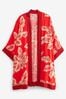 Rot/Blattmuster - Langer Kimono-Überwurf