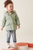 Sage Green Shower Resistant Faux Fur Trim Parka (3mths-7yrs)