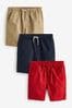 Navy Blue/Red/Tan Brown Pull-On Shorts knee 3 Pack (3-16yrs)