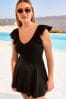 Black Frill Sleeve Tummy Shaping Control Skirted Swim Dress
