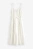 White 100% Cotton Broderie Tie Waist V-Neck Midi Dress