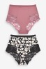 Black Print/Pink High Waist Brief Tummy Control Shaping Lace Back Brazilian Knickers 2 Pack