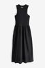 Black Ribbed Sleeveless Vest Poplin Mix Midi Cotton Blend Dress, Regular