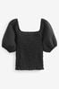 Black 100% Cotton Puff Sleeve Square Neck Off Shoulder Summer Top, Regular