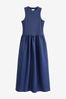 Navy Blue Ribbed Sleeveless Vest Poplin Mix Midi Cotton Blend Dress
