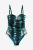 Teal Blue/Pink Tummy Control Ruched Bandeau Swimsuit